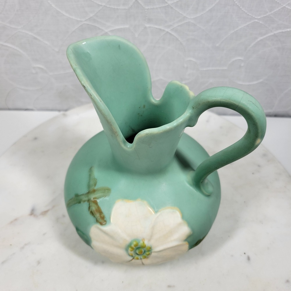 Vintage 1930s Weller Pottery Dogwood Pitcher Vase Aqua Blue Floral Art Deco - Picture 3 of 16